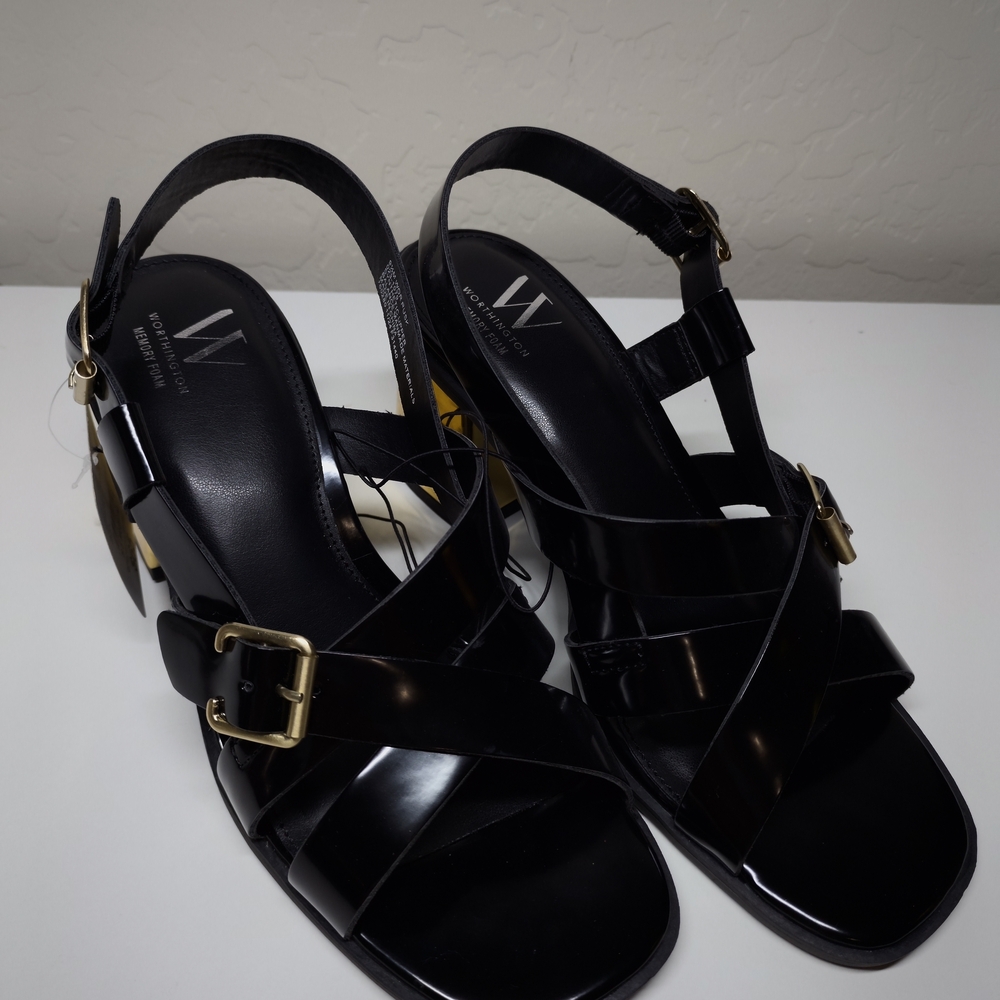 W by Worth Black Patent Leather Buckle Sling Sandals